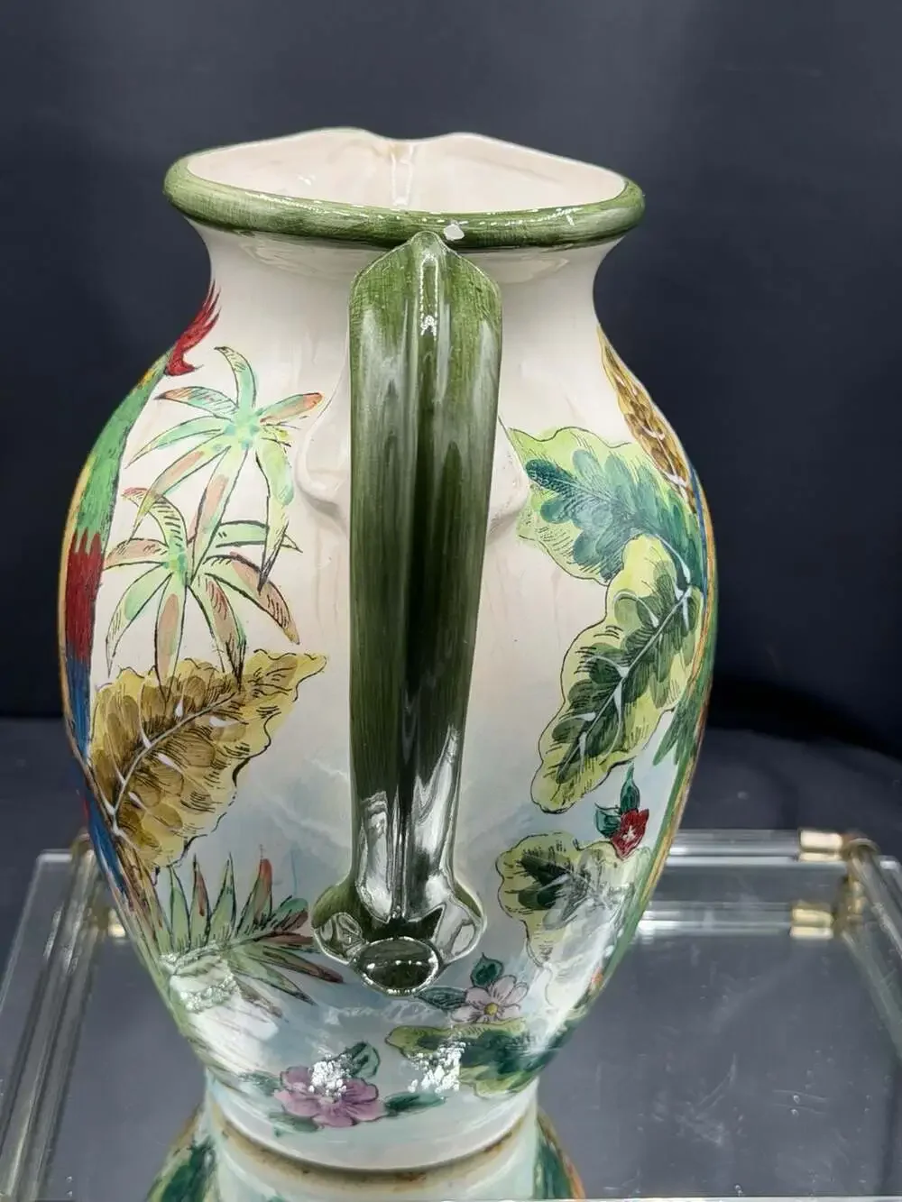 Vintage Hand-Painted Ceramic Watering Can Pitcher with Tropical Parrot Design
